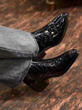 Croc-print Pointed Toe Side Zipper Ankle Boots