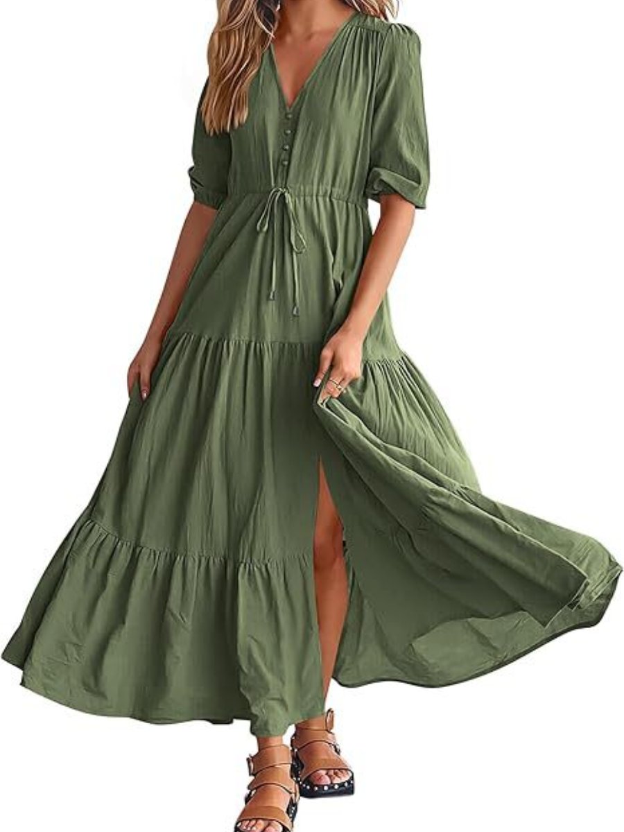 Button Drawstring Hem Slit Dress