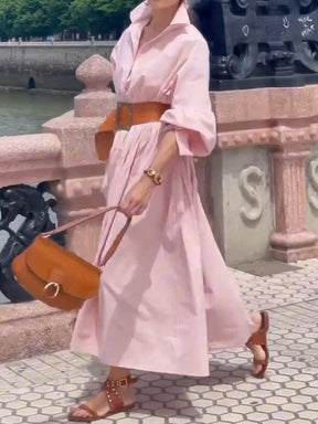 Pink Long Sleeve Stand Collar Dress