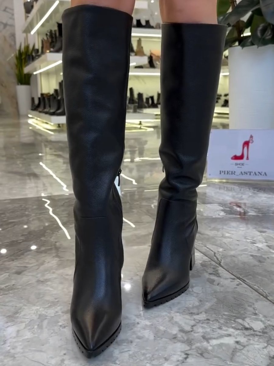 Fashionable and Versatile Cowhide Boots Thick Heel Leather Boots Side Zipper High Boots