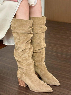 Khaki pointed toe thick heel boots for women