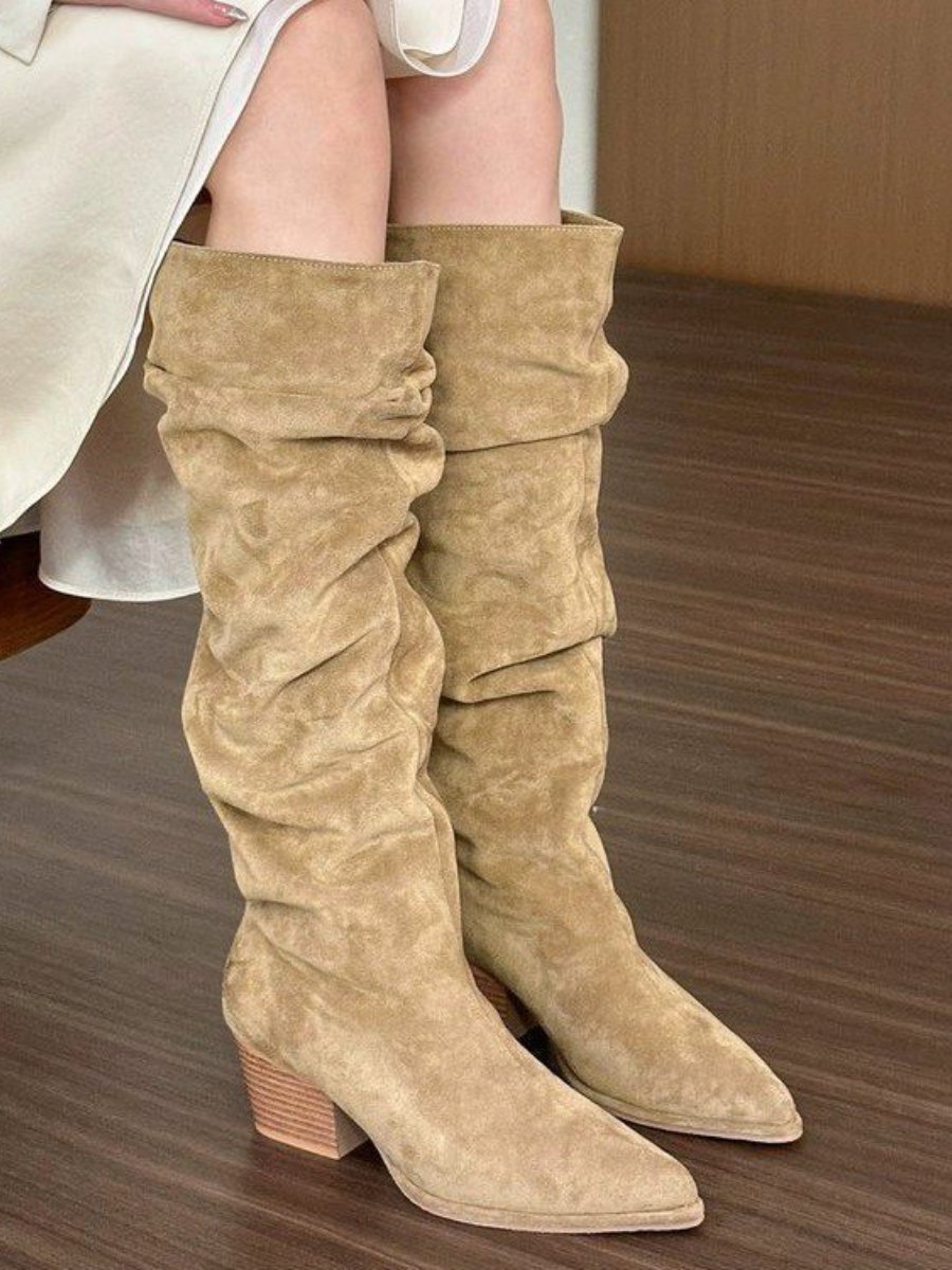 Khaki pointed toe thick heel boots for women