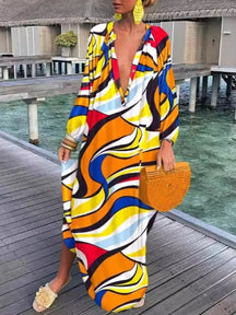 Printed Long Sleeve V-neck Dress