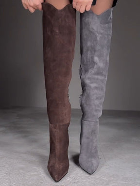 Pointed Toe Western High Suede Pleated Boots