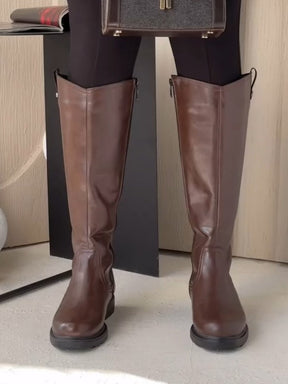 Black Round Toe Thick Heel Slim Knee-high Boots