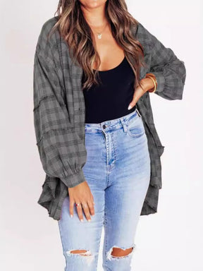 Raw Edge Lantern Sleeve Loose Button Plaid Shirt