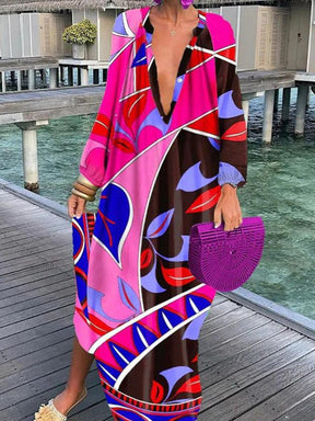 Printed Long Sleeve V-neck Dress