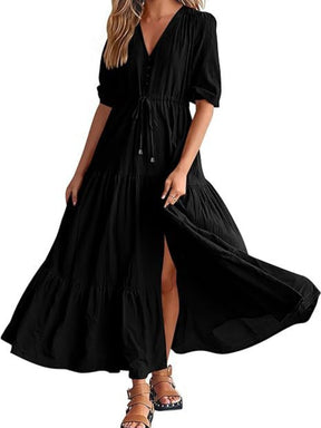 Button Drawstring Hem Slit Dress