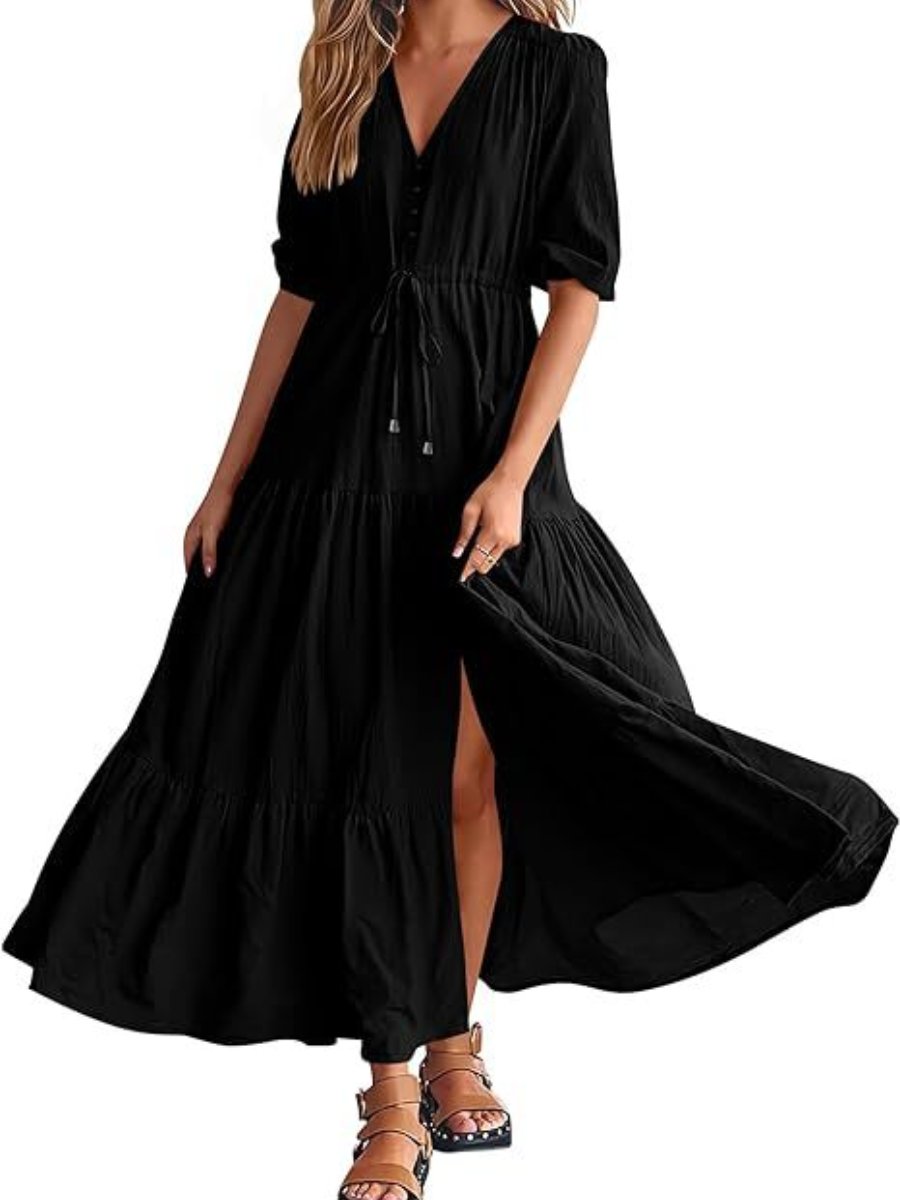 Button Drawstring Hem Slit Dress