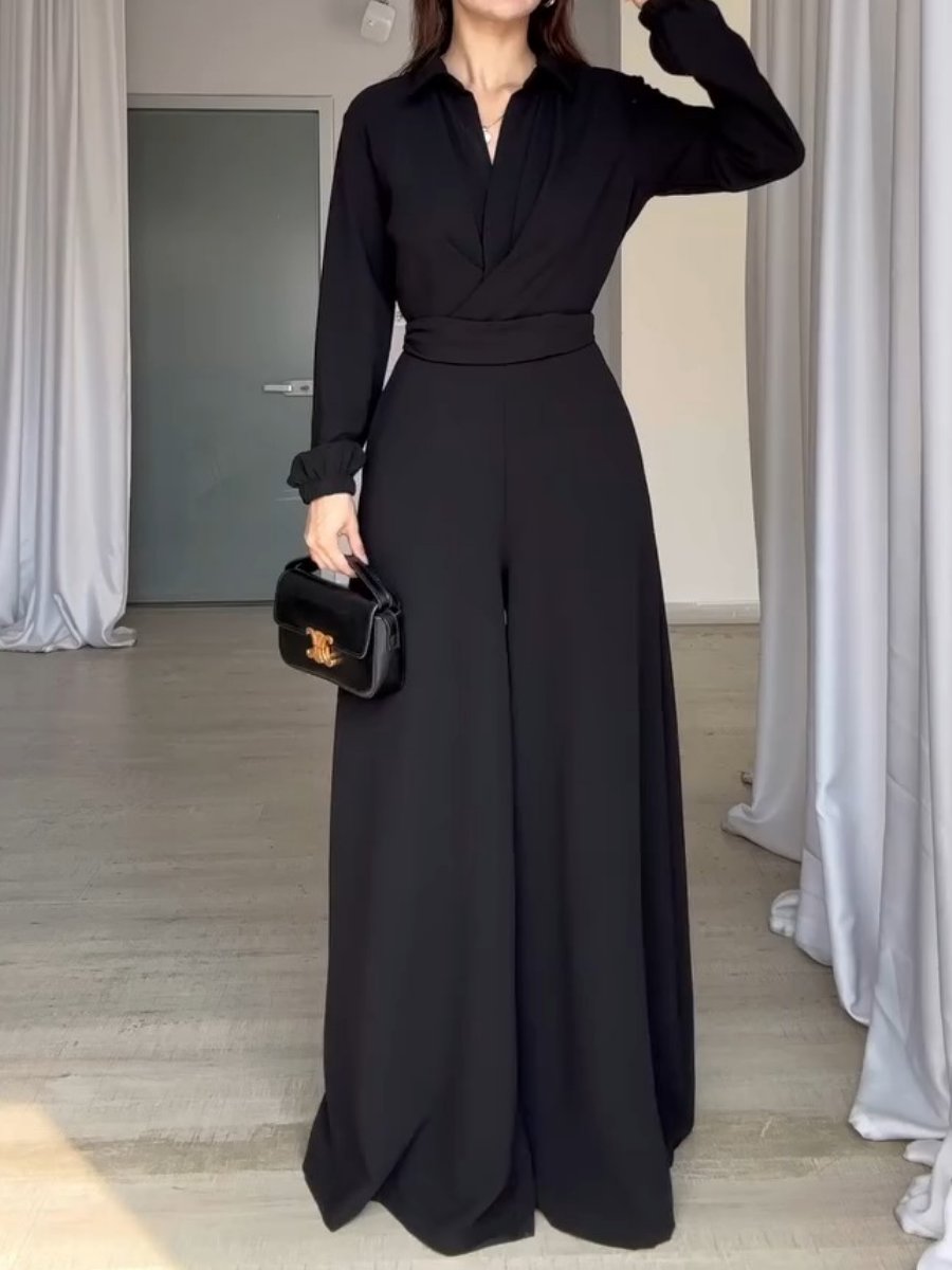 Solid Color Lapel Waist Slim Wide Leg Jumpsuit