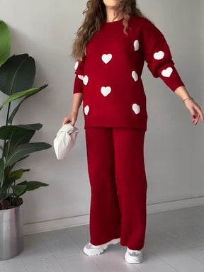 Fashionable Heart Printed Hood Sweater Knitted Set