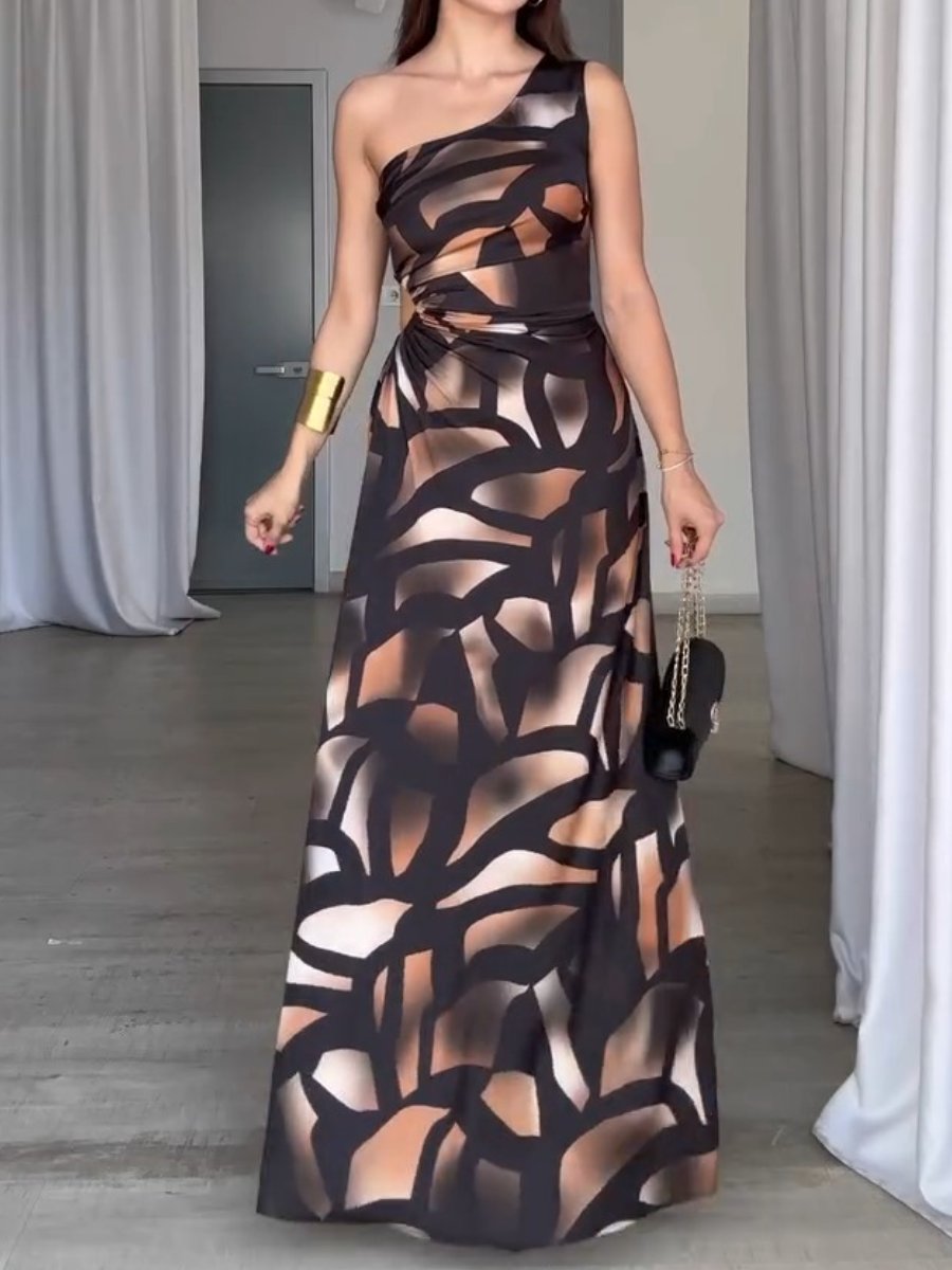 Sleeveless One Shoulder Printed Luxury Design Long Dress