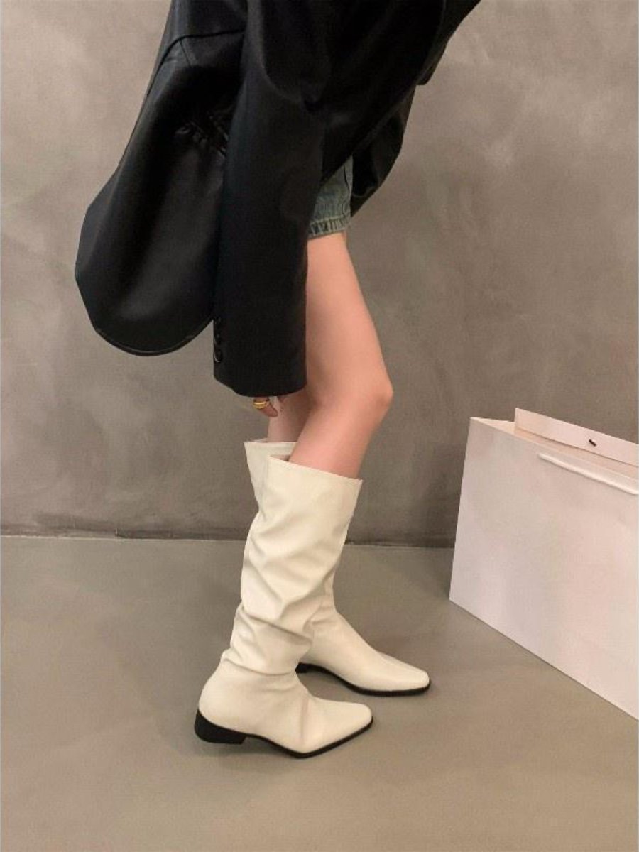 Women's Thick Heel Pleated Long Knight Boots