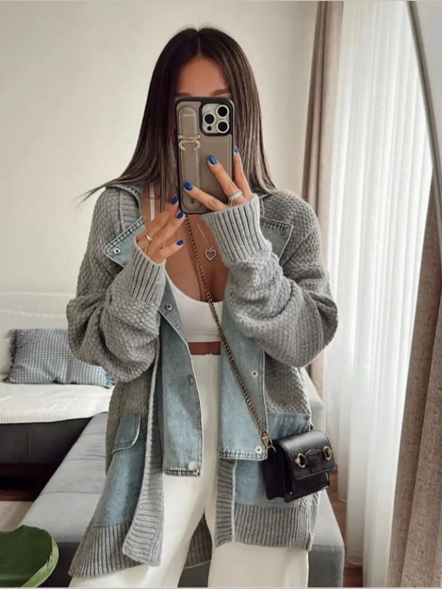 Denim Patchwork Sweater Coat