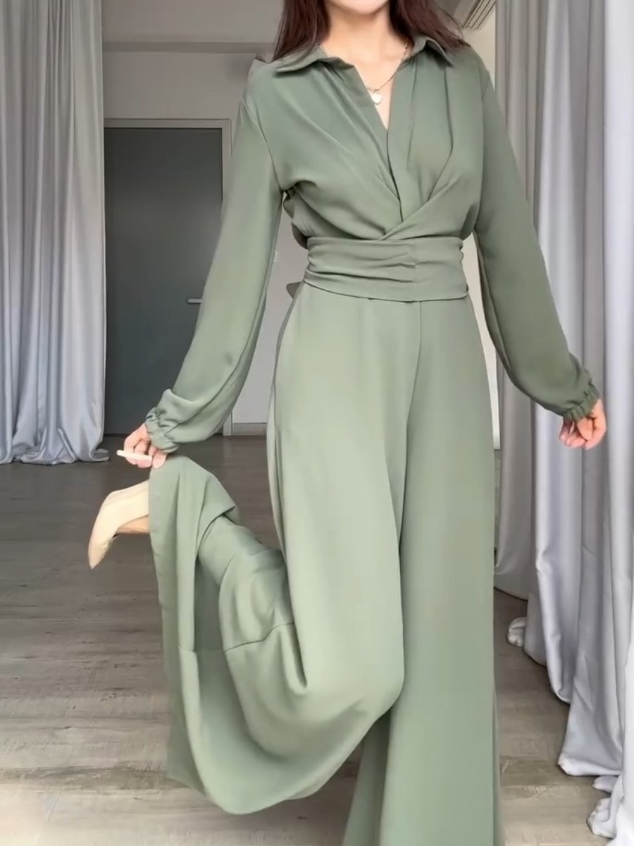 Solid Color Lapel Waist Slim Wide Leg Jumpsuit