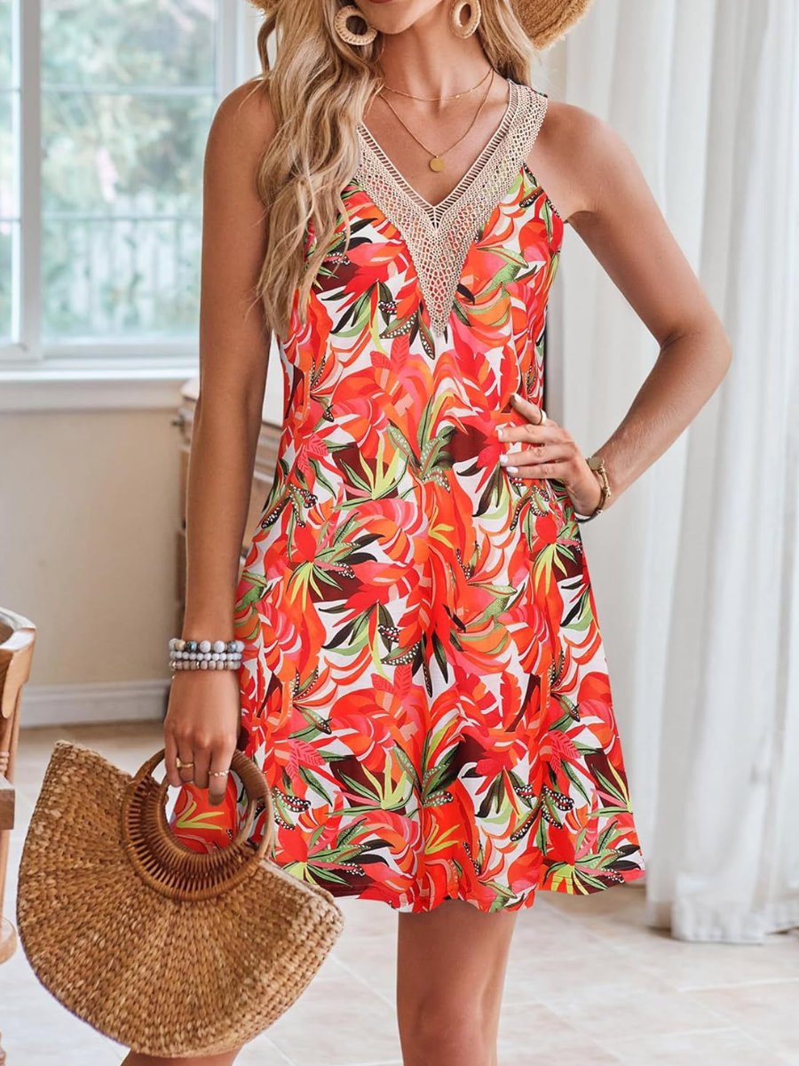 Tropical Print Sleeveless Short Dress