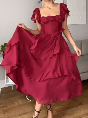 Square NeckRuffled Red Dress