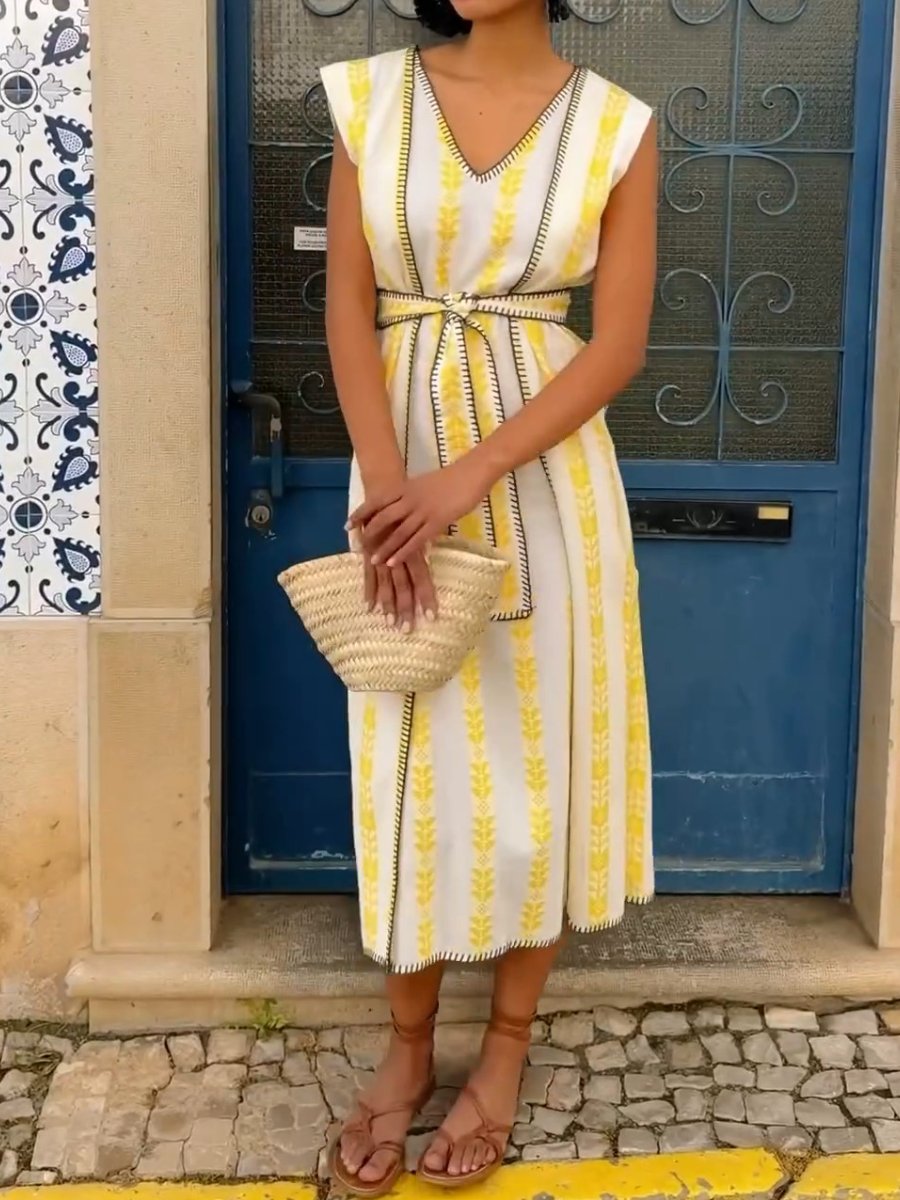 V-neck Tie Yellow Striped Dress