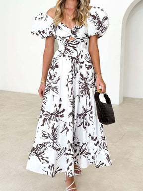 Printed puff sleeve high-end dress