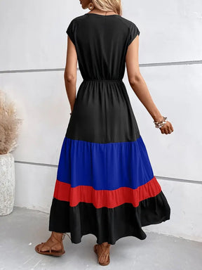 Colorblock Pleated V-Neck Dress