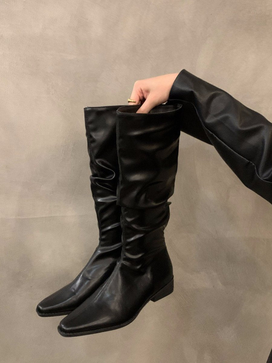 Women's Thick Heel Pleated Long Knight Boots