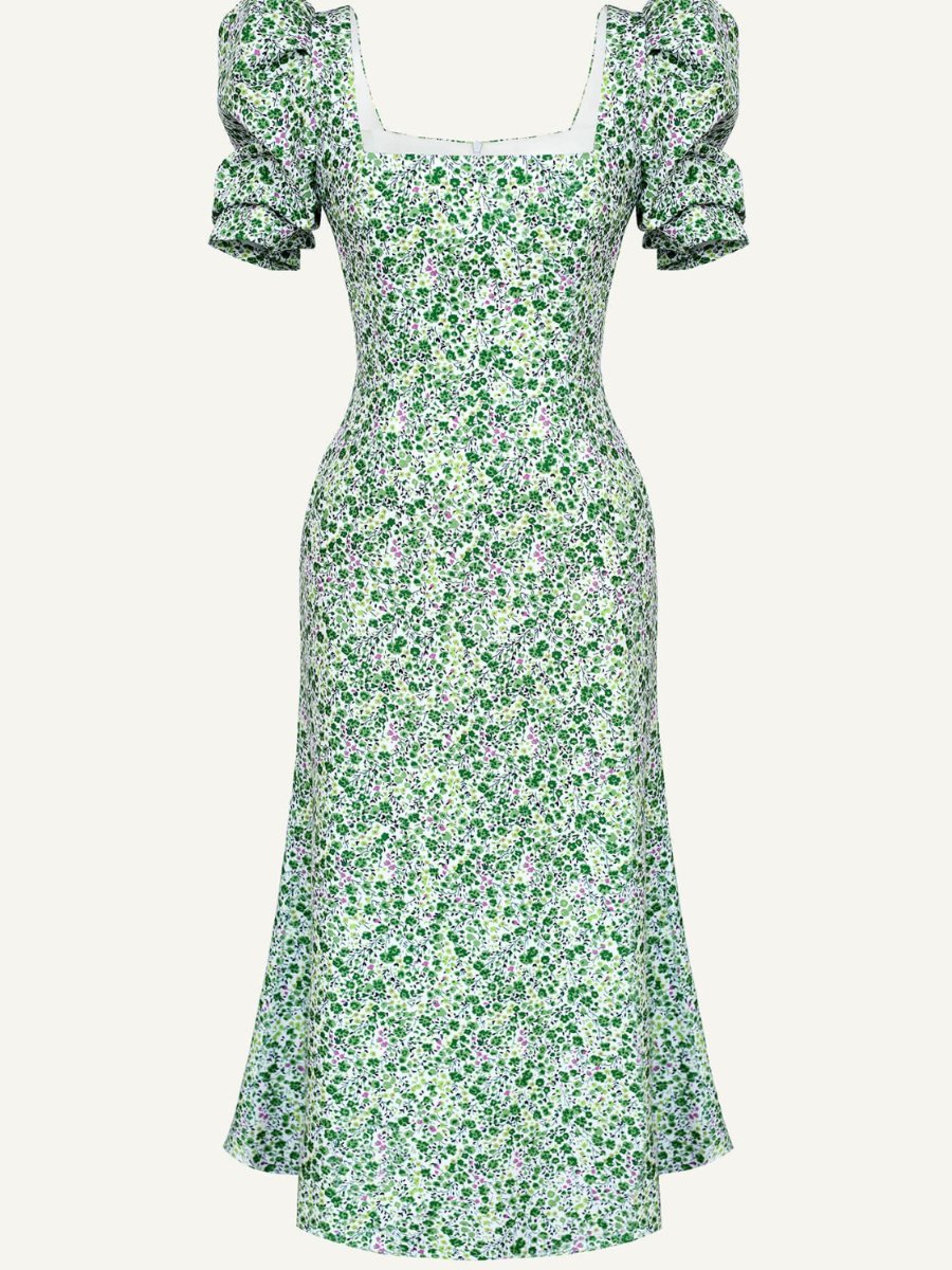 Green Square Neck Midi Dress