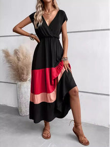 Colorblock Pleated V-Neck Dress