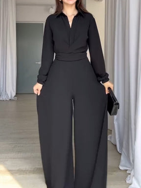 Solid Color Lapel Waist Slim Wide Leg Jumpsuit