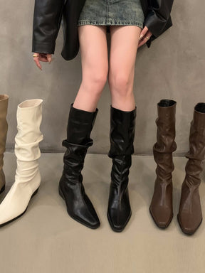 Women's Thick Heel Pleated Long Knight Boots