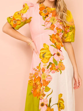 Printed Puff Sleeve Slim Dress