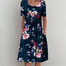 Navy Print Round Neck Midi Dress