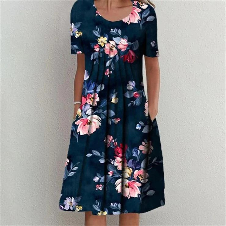 Navy Print Round Neck Midi Dress