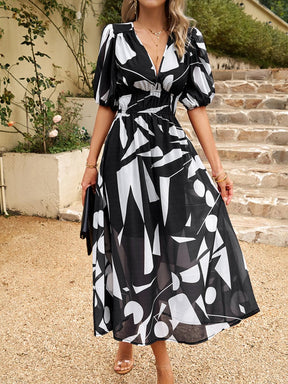 2024 Temperament Waisted V-neck Printed Dress