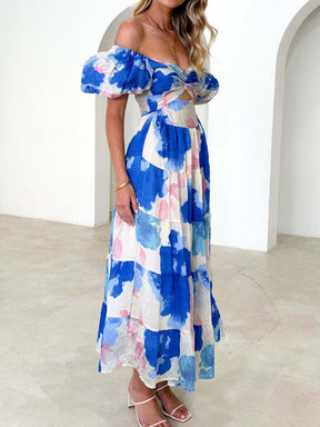 Printed puff sleeve high-end dress