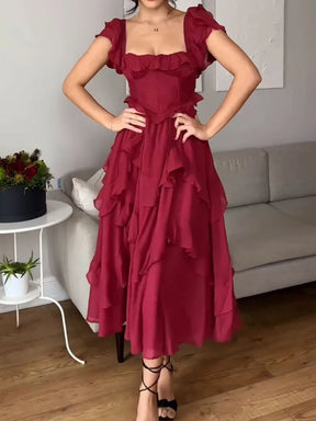 Square NeckRuffled Red Dress