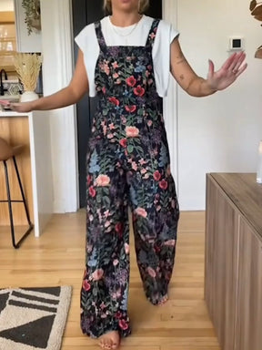 Corduroy Floral Button Wide-leg Jumpsuit