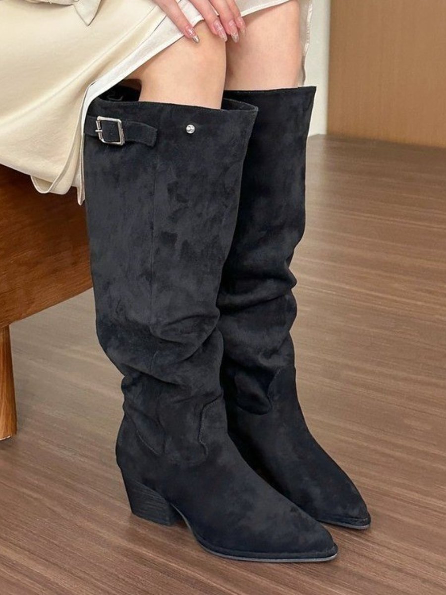 Khaki pointed toe thick heel boots for women