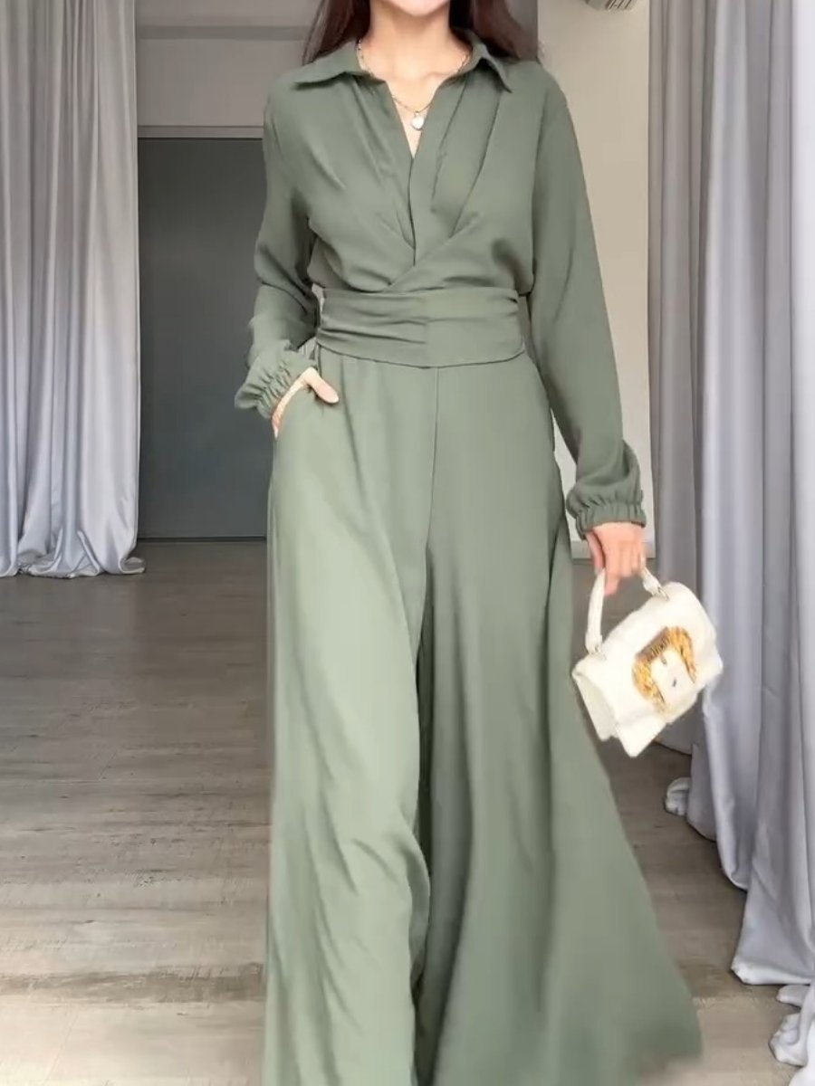 Solid Color Lapel Waist Slim Wide Leg Jumpsuit