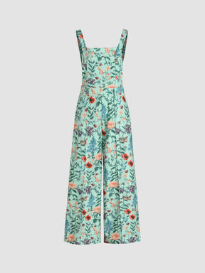 Corduroy Floral Button Wide-leg Jumpsuit