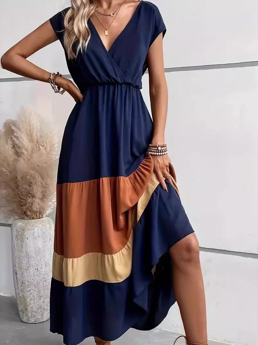 Colorblock Pleated V-Neck Dress