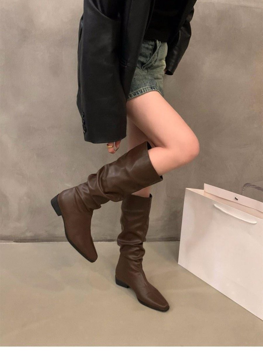 Women's Thick Heel Pleated Long Knight Boots