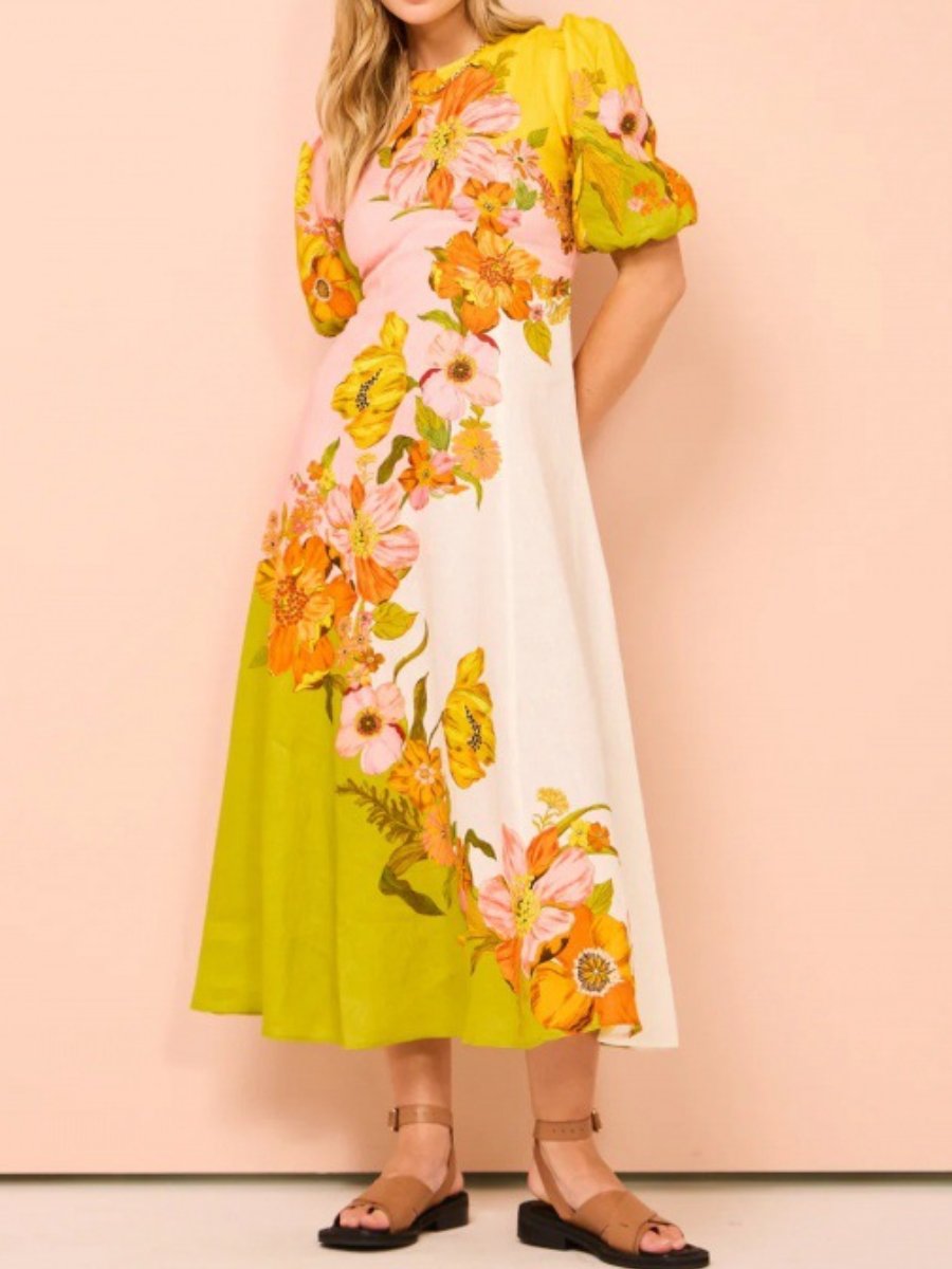 Printed Puff Sleeve Slim Dress