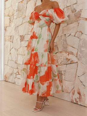 Printed puff sleeve high-end dress