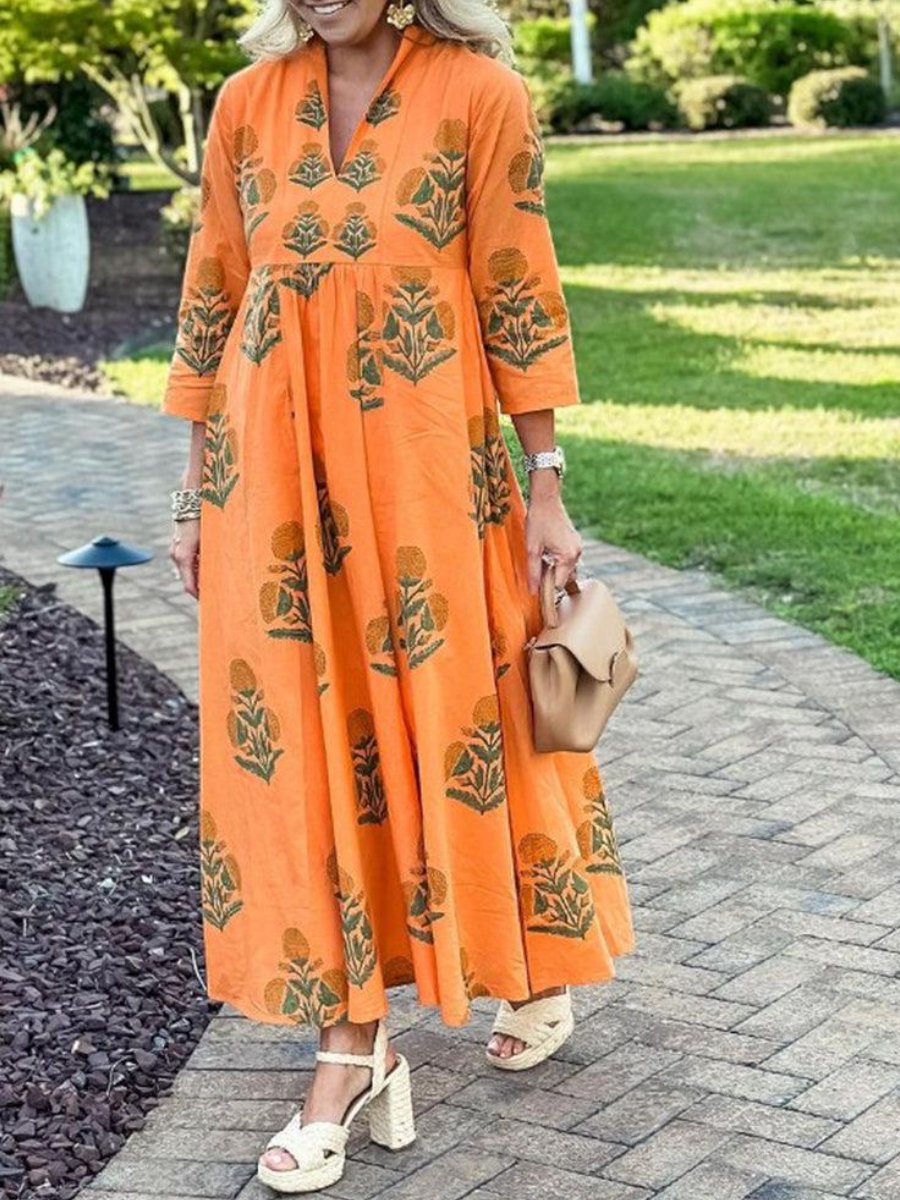 Orange V-neck Comfortable Dress