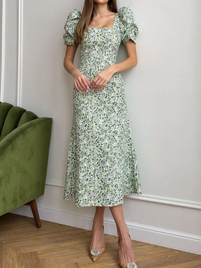 Green Square Neck Midi Dress