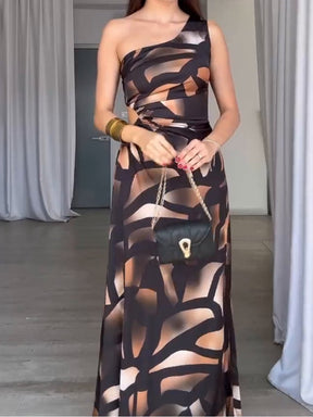 Sleeveless One Shoulder Printed Luxury Design Long Dress