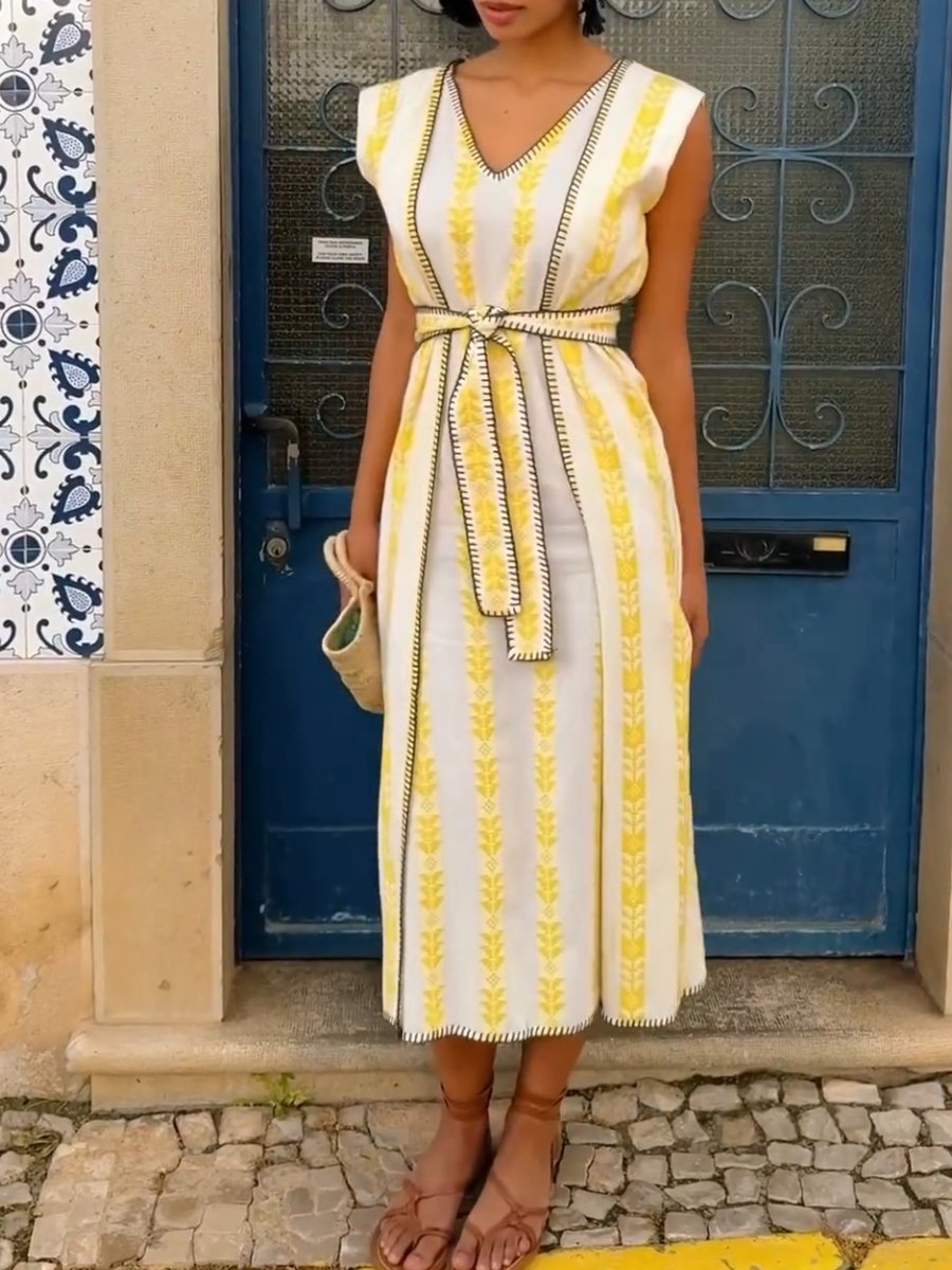 V-neck Tie Yellow Striped Dress