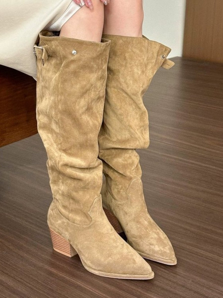 Khaki pointed toe thick heel boots for women