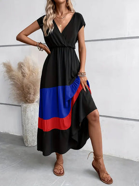 Colorblock Pleated V-Neck Dress