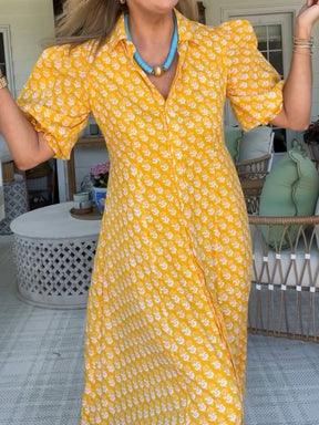 Yellow Printed Button Dress